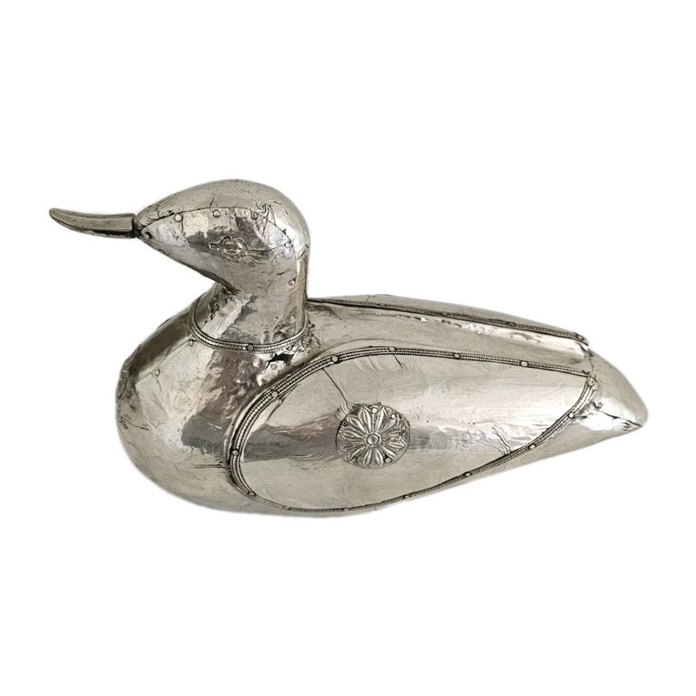 Vintage Silver Metal Over Wood Duck Decoy Figurine Folk Art Decorative Bird - Picture 2 of 16